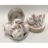 Royal Albert 'Moss Rose' set of six teacups, saucers and side dishes.