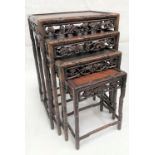 Good Chinese hardwood rectangular nest of four tables, with bamboo carved edge and supports and with