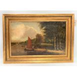 19TH CENTURY BRITISH SCHOOL Lake scene with sailing boats and figures. Oil on canvas, Monogrammed SA