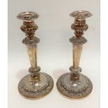 A pair of Old Sheffield plated candlesticks with leaf cast banding, height 25cm.