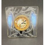 Rare Lalique glass 'Inseperables' clock, decorated with four budgerigar amongst prunus branches,