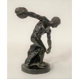 A small 19th Century patinated bronze model of the Discobolus, height 12.5cm