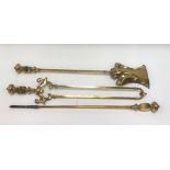 Set of three 19th Century brass fire irons, including tongs, poker and shovel, length of shovel