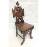 Victorian oak gothic revival hall chair, height 104cm.
