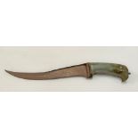 A good Indian jade hilted khanjar dagger with curved T-section blade, the handle with inset