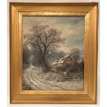 EDWARDS (19th Century British) A winter country lane with thatched cottage Oil on canvas Signed 59cm
