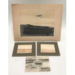 Three early 20th century photographs of planes in flight; together with a London Airport postcard.