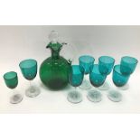 Victorian green glass ewer and stopper, height 23cm; together with eight Victorian green glass