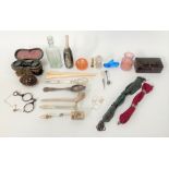 Box of miscellaneous, including two 19th Century cloth purses, one with metal beads, a pair of