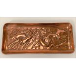 An Arts & Crafts, possibly Newlyn, copper rectangular tray embossed with a cat chasing three mice,