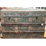 A wood and copper bound dome lidded trunk with embossed faux crocodile skin covering and with