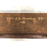 A 19th Century officer's tin trunk with brass tablet inscribed F.WADLEY.ESQ also painted to the