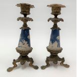 Pair of bronzed metal mounted blue Jasper ware candlesticks, height 19cm.