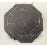 Interesting early 18th Century slate octagonal sun dial with engraved decoration and the date