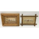 Two Victorian framed stevengraphs, hunting scenes, 'The First Point' and 'Full Cry'.