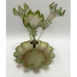 A Victorian green Vaseline glass three branch epergne, height 37cm.