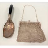 Eastern white metal serving spoon with ebony handle; together with a silver plated mesh purse (2).