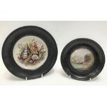 19th Century pot lid 'The Chin Chew River' and within ebonised turned frame, diameter overall