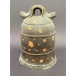 A Chinese gold splash heavily cast bronze temple bell with double dragon head loop handle, height