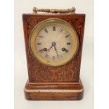 A French marquetry inlaid rosewood mantel clock, the 2.75in textured silver dial with black Roman