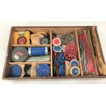 A stained pine box containing a qty of Meccano spares, width 57cm