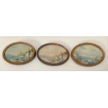 Set of 3 early 20th Century watercolour on ivory ovoid panels painted with river landscapes with