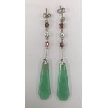 A good pair of 9ct yellow and white gold diamond, jade and ruby drop earrings, the collet set