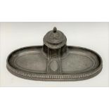 A German pewter Secessionist design ink stand by WMF with hinged inkwell and oval pen tray, No.