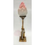 An Art Deco bronzed and cold painted spelter table lamp base, the base cast as a stylish young woman