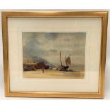 HUBERT COOP (1872-1953) A.R.R. Westcountry coastal scene with beached boat Watercolour Signed