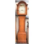 Eight day long case clock, the 12in painted arch dial decorated with a steam locomotive and