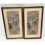 A pair of framed and glazed Chinese silk stitch and metal thread embroideries decorated with four