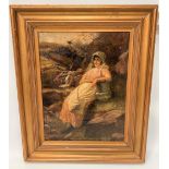 19TH CENTURY BRITISH SCHOOL Milk maid resting by a river, Oil on canvas, Signed GM Patterson and