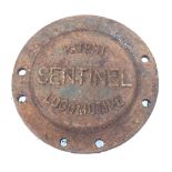 A cast iron circular locomotive maker's plate, cast 'PATENT CENTINEL LOCOMOTIVE', diameter 28cm.