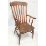 A late 19th century lathe back farmhouse elbow chair in beech and burr elm, height 107cm.