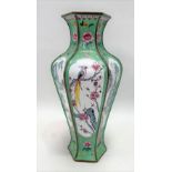A 19th Century Chinese enamel on copper hexagonal section baluster vase with panels of landscapes