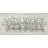 A set of eight Webb cut crystal sherry glasses; together with a set of six Webb sherry glasses (