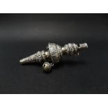 A Victorian silver embossed rattle with whistle by George Unite, Birmingham 1893, length 10.5cm,