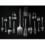 Various hallmarked silver spoons and forks, together with a cocktail swizzle stick, weight 9.30oz