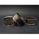 Three silver hallmarked napkin rings, weight 2.09oz approx.