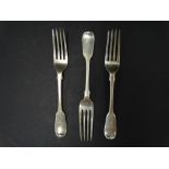 A Victorian silver set of three Fiddle pattern dessert forks by George Bower, London 1884, weight