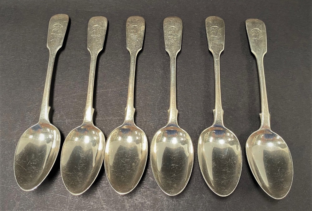 A Victorian silver set of six Fiddle pattern teaspoons, maker GA, London 1858, weight 4oz approx.
