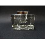 A George V silver hinge lidded cut glass, large cube inkwell with hobnail cut base, indistinct