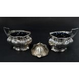 A George V silver lidded mustard pot and salt with blue glass liners (mustard pot lid AF),