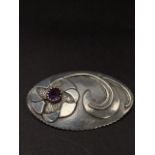 A good Modernist silver amethyst set oval foliate design brooch, 69 x 38mm, weight 22.3g approx.