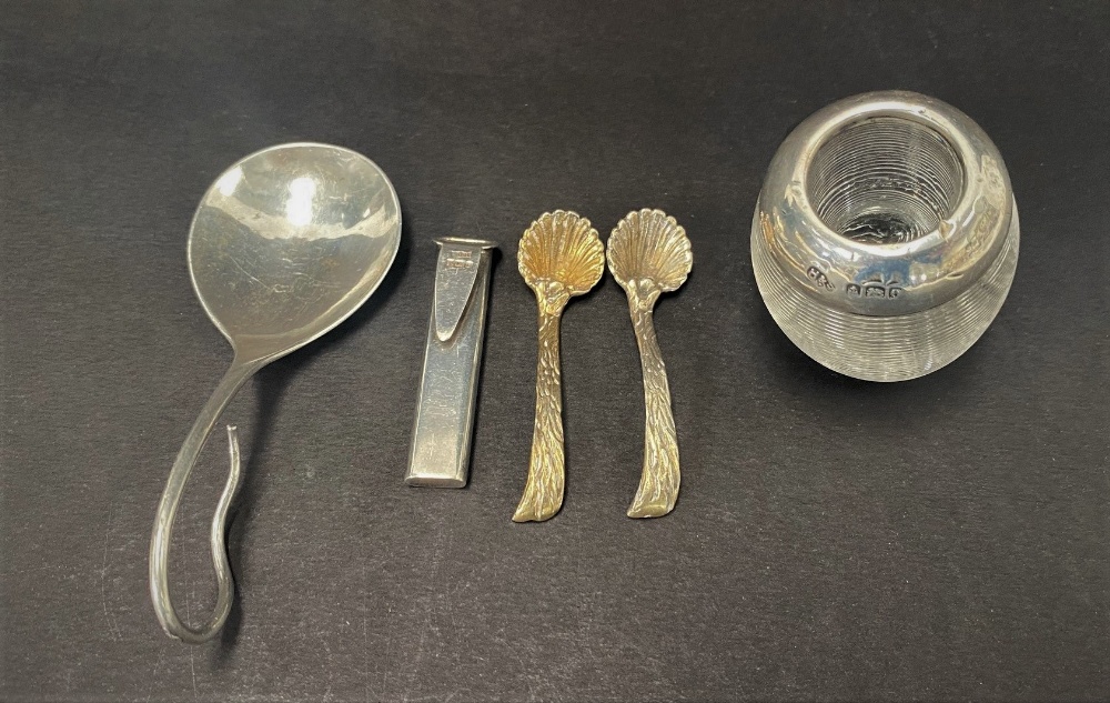 A mixed selection of silver to include a Georg Jensen 925 silver caddy spoon, a small silver