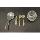 A mixed selection of silver to include a Georg Jensen 925 silver caddy spoon, a small silver