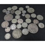 A small collection of British pre decimal silver and .500 silver coins, together with two Victoria