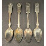 A set of four 19th century Russian teaspoons, Fiddle Shell pattern, maker S.T, 84 Zolotnik mark