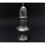 An Edwardian silver baluster octagonal section sugar caster, maker J & R, Chester 1910, height 16cm,